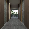 Modern Elevator Corridor Design With Columns LED Lighting And Courtyard Pine Tree 3d model
