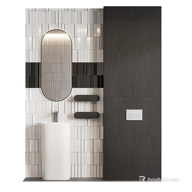 Modern Bathroom Cabinet Rack With Oval Mirror Lighting Grey Cabinet And White Black Wall Tiles 3d model 