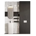 Modern Bathroom Cabinet Rack With Oval Mirror Lighting Grey Cabinet And White Black Wall Tiles