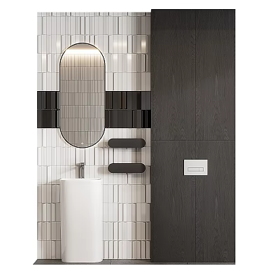 Modern Bathroom Cabinet Rack With Oval Mirror Lighting Grey Cabinet And White Black Wall Tiles 3d model