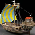 Wooden Sailboat Model With Blue And Yellow Striped Sails Detailed Hull And Deck