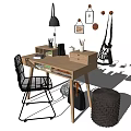 Modern Wooden Desk With Black Lamp Stationery Chair And Canvas Bag