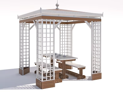 Outdoor Pergola With White Lattice Design And Wooden Table Benches Set 3d model