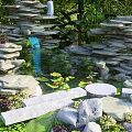Garden Ornaments Featuring Rockery Stone Formations Lush Green Plants And Decorative Stones