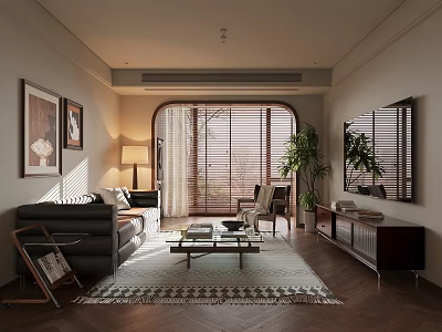 Modern Living Room Interior With Dark Sofa Coffee Table Geometric Rug And Wooden Blinds 3d model