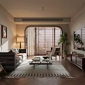 Modern Living Room Interior With Dark Sofa Coffee Table Geometric Rug And Wooden Blinds