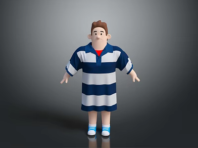 3D Cartoon Boy Wearing Blue White Striped Robe Red Inner Shirt Blue Socks White Shoes 3d model