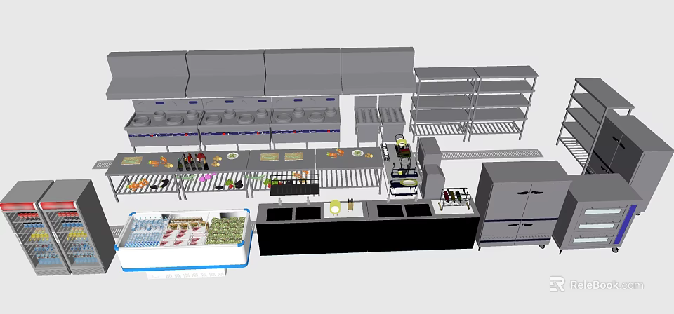 Commercial Kitchen With Stainless Steel Appliances Worktables Shelves And Refrigerators 3d model 