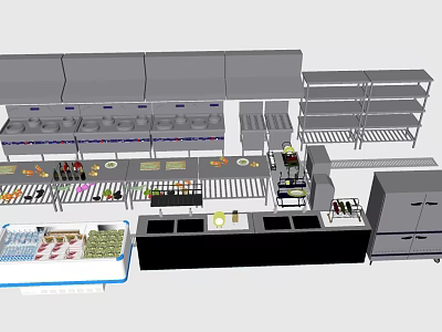 Commercial Kitchen With Stainless Steel Appliances Worktables Shelves And Refrigerators 3d model