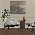 Elegant Patterned Lounge Chairs On Herringbone Wooden Floor With Artwork And Potted Plant