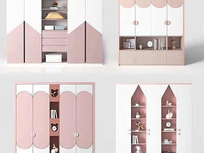 Modern Pink and White Wardrobe with Scalloped Door Arched Design and Storage Shelves 3d model