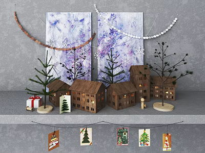 Decorative Ornament Set With Wooden House Lights Small Pine Trees Paintings And Hanging Cards 3d model