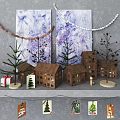 Decorative Ornament Set With Wooden House Lights Small Pine Trees Paintings And Hanging Cards