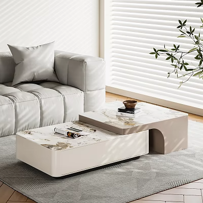 Modern Marble Top Coffee Table in Living Room with Sofa Plants and Blinds 3d model