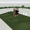 Modern Wooden Observation Tower With Intricate Lattice Design In Green Meadow