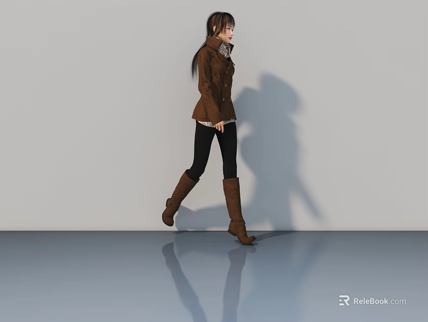 A woman in brown coat and black pants walking on smooth floor with shadow 3d model 