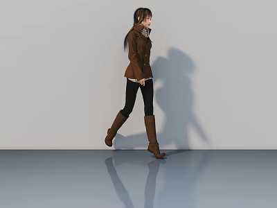 A woman in brown coat and black pants walking on smooth floor with shadow 3d model