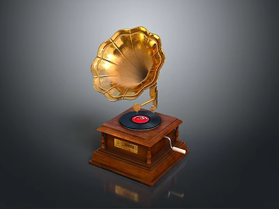Vintage Gramophone with Golden Horn Wooden Base and Black Vinyl Record 3d model