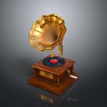 Vintage Gramophone with Golden Horn Wooden Base and Black Vinyl Record
