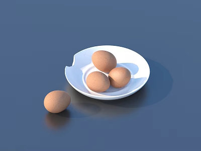 Brown Eggs On White Plate And One Beside On Dark Blue Surface 3d model