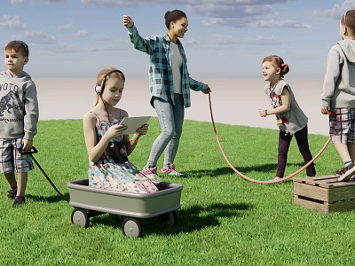Group of Kids Playing on Green Grass with Wagon Rope and Tablet 3d model