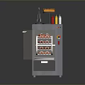 Food Storage Equipment With Open Door Shelves Drawer Orange Items Red Food And Condiment Bottles