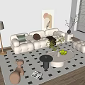 Modern Cozy Beige Sofa and Coffee Table Set With Round Side Table Checkered Rug and Plants