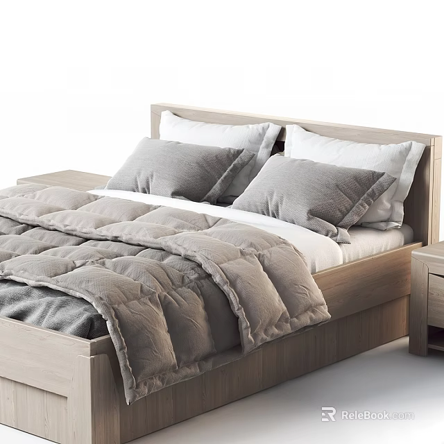 Modern Double Bed Bedroom Interior With Wooden Headboard Gray Comforter White Pillows And Nightstand 3d model 
