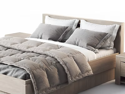 Modern Double Bed Bedroom Interior With Wooden Headboard Gray Comforter White Pillows And Nightstand 3d model