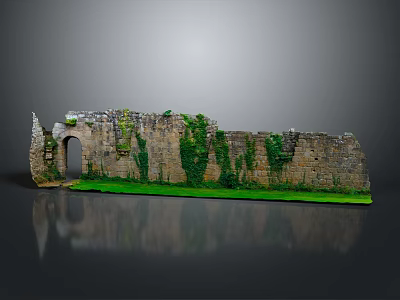 Ancient Stone Wall Ruins With Ivy Covered Archway And Green Grass On Gray Background 3d model