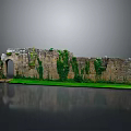 Ancient Stone Wall Ruins With Ivy Covered Archway And Green Grass On Gray Background