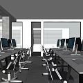 Public Office Space With Desks Computers Chairs Pendant Lights And Concrete Columns