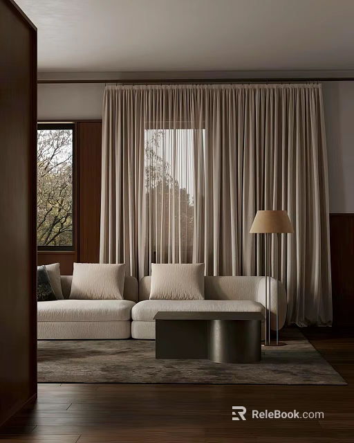 Modern Living Room Interior Design With Beige Sofa Pillows Floor Lamp And Curtains 3d model 