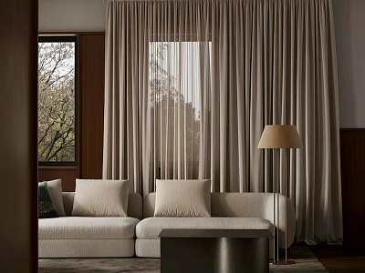 Modern Living Room Interior Design With Beige Sofa Pillows Floor Lamp And Curtains 3d model
