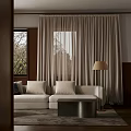 Modern Living Room Interior Design With Beige Sofa Pillows Floor Lamp And Curtains