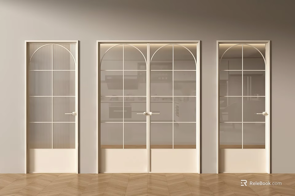 Elegant White Double Doors With Glass Grid Design In Light Wall Interior 3d model 