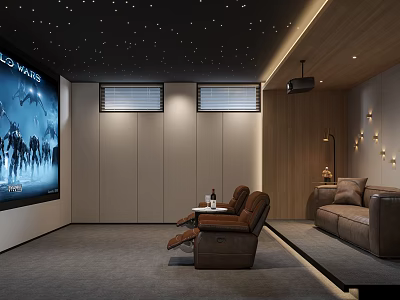 Modern Home Theater Room Interior With Starry Ceiling Large Screen And Leather Recliners 3d model
