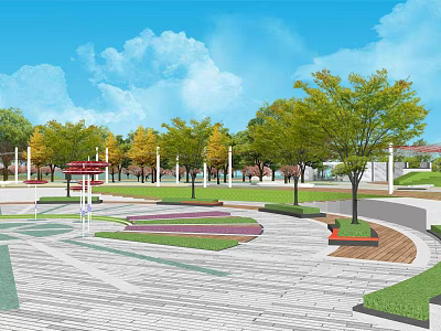 Scenic Park Landscape With Circular Layout Green Trees Red Pavilion Blue Sky And White Clouds 3d model