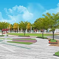 Scenic Park Landscape With Circular Layout Green Trees Red Pavilion Blue Sky And White Clouds