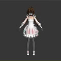 Anime Girl Wearing Pink Dress With Blue Cross Patterns Gray Stockings And Blue White Shoes