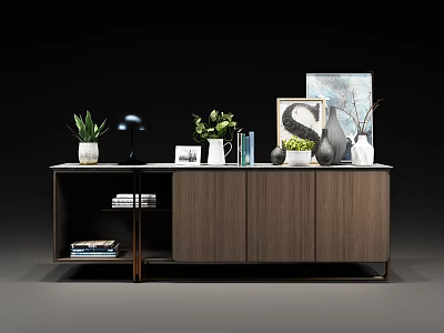 Modern Wooden TV Stand With Potted Plants Table Lamp Photo Frames Vases And Books 3d model