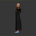 Man in black robe red yellow striped scarf red vest blue sneakers with arms outstretched