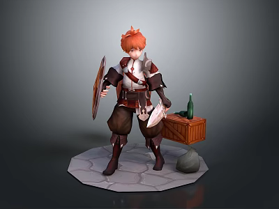 Game Movie Character With Red Hair Armor Shield By Wooden Crate Green Bottle And Stone 3d model