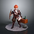 Game Movie Character With Red Hair Armor Shield By Wooden Crate Green Bottle And Stone