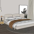 Modern Beige Double Bed Interior With Bedside Table Pendant Lights And Round Rug