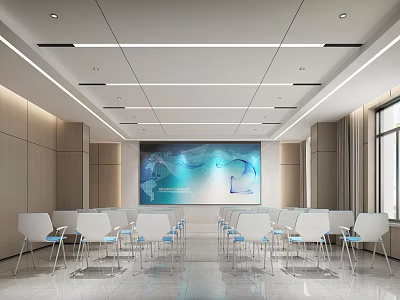 Modern Conference Room Interior With Large Screen White Chairs And Blue Seats 3d model