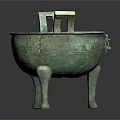 Ancient Chinese Bronze Ding Vessel With Three Legs Intricate Patterns And Handles
