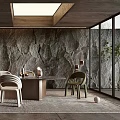 Modern Restaurant Featuring Natural Rock Wall Long Dining Table Various Designed Chairs And Skylight Ceiling 3d model