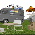 Outdoor Camping Event With Lighted Tents Food Truck And Decorative Umbrella Lights On Grass