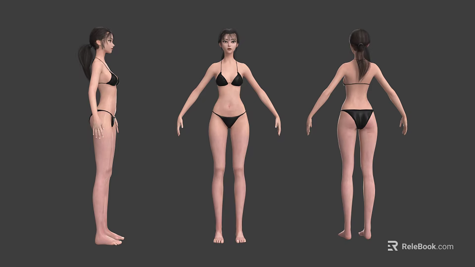 Woman in Black Bikini Three Quarter Front Side and Back Views Standing Pose 3d model 